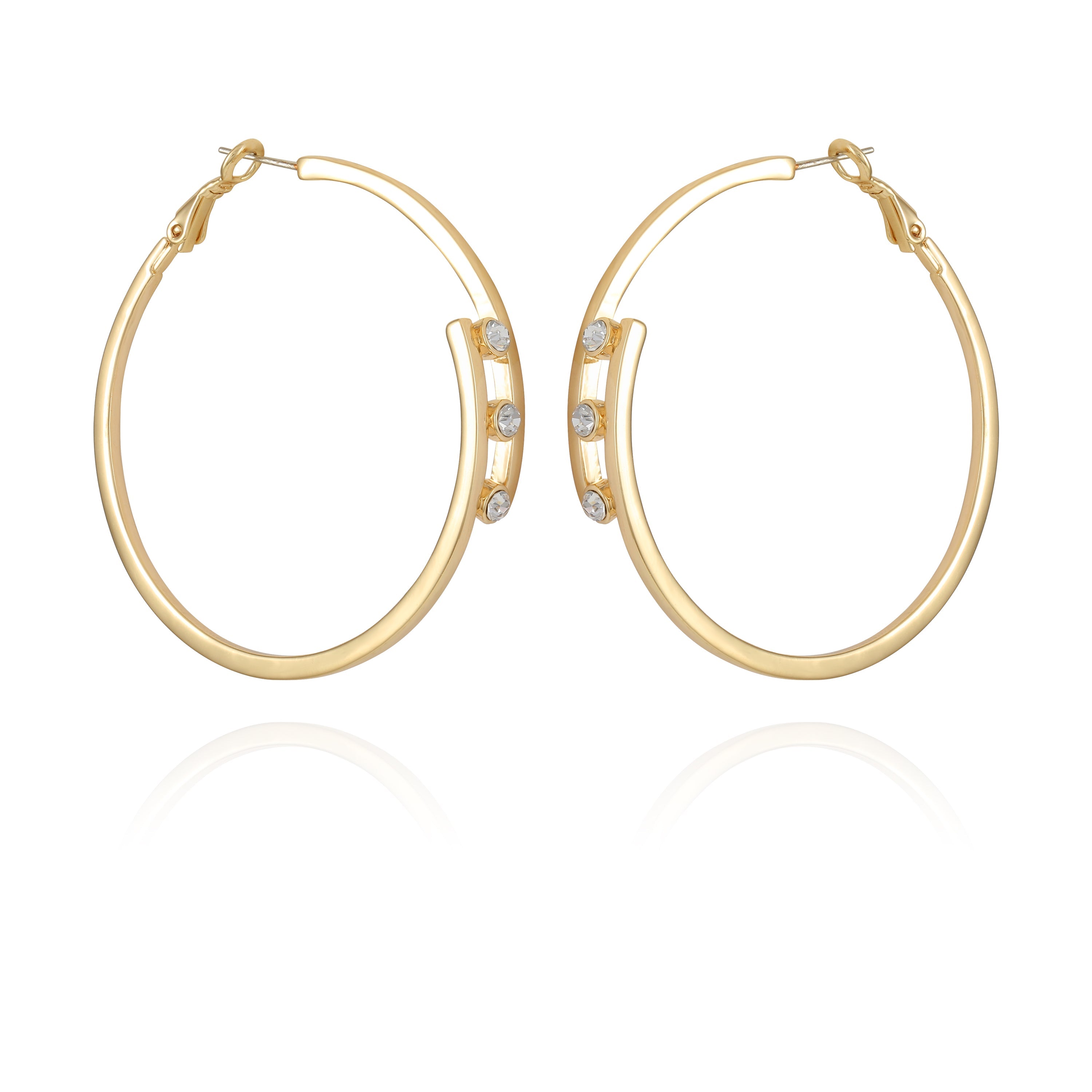 14K Goldtone Tri-Crystal Stone Hoop Earring