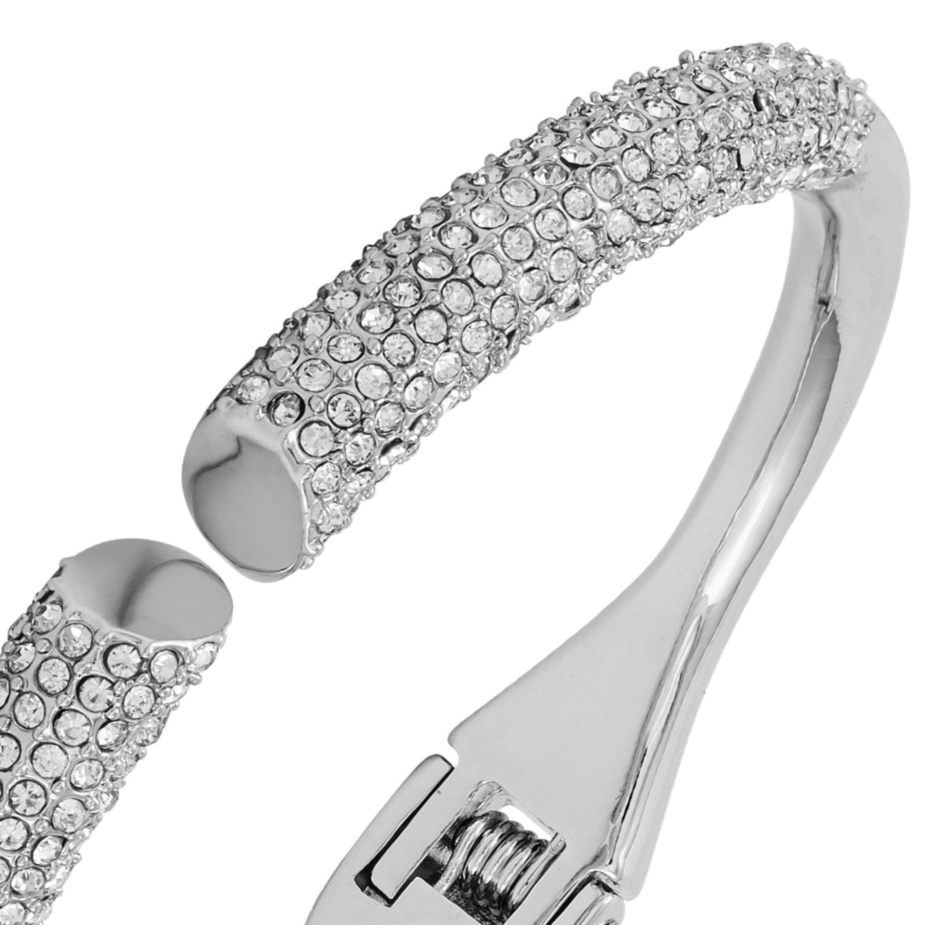 Silvertone Pave Glass Stone Hinge Bangle Bracelet