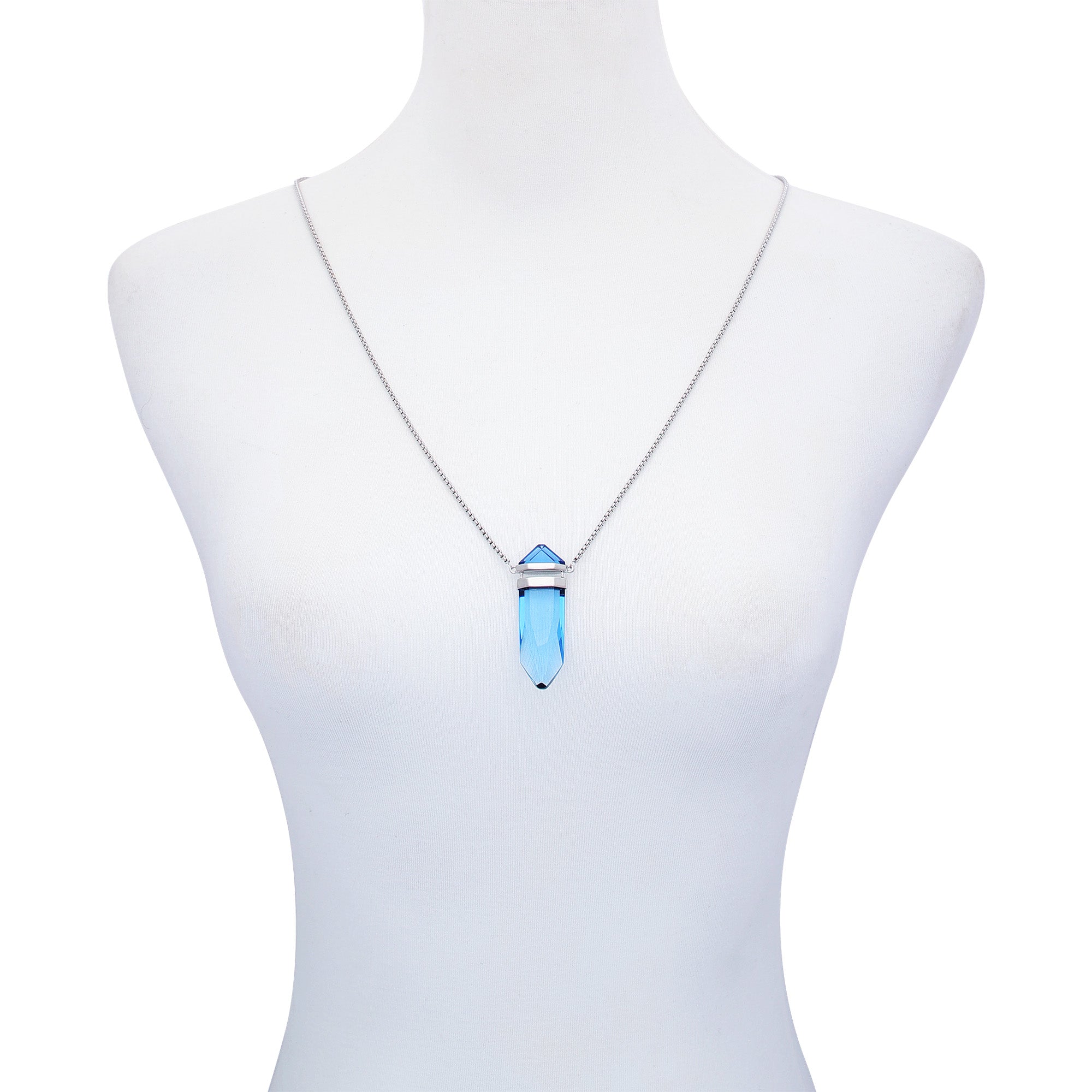 Silvertone Blue Crystal-Shape Stone Pendant Long Necklace