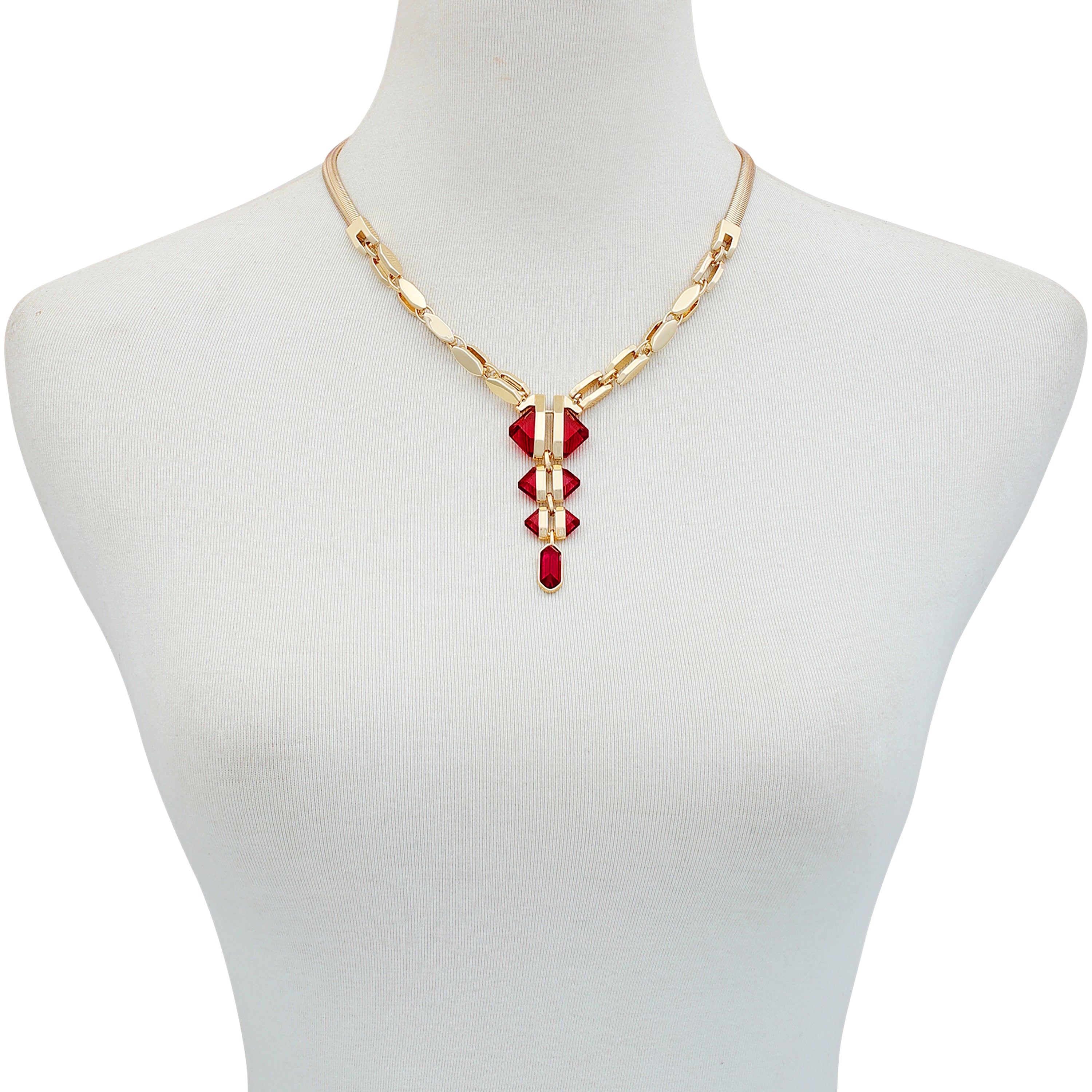 Goldtone Red Stone Pendant Statement Necklace