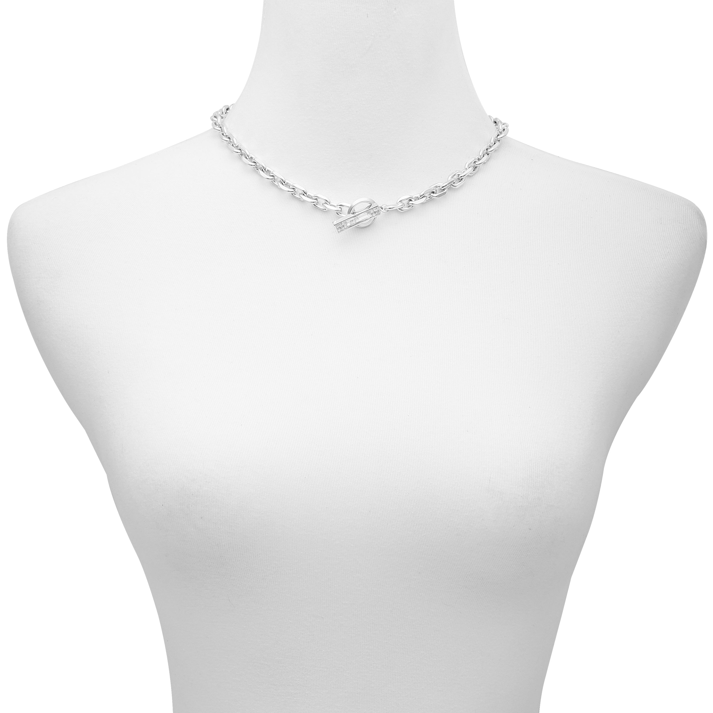 Silvertone Baguette Crystal Stone Toggle Necklace