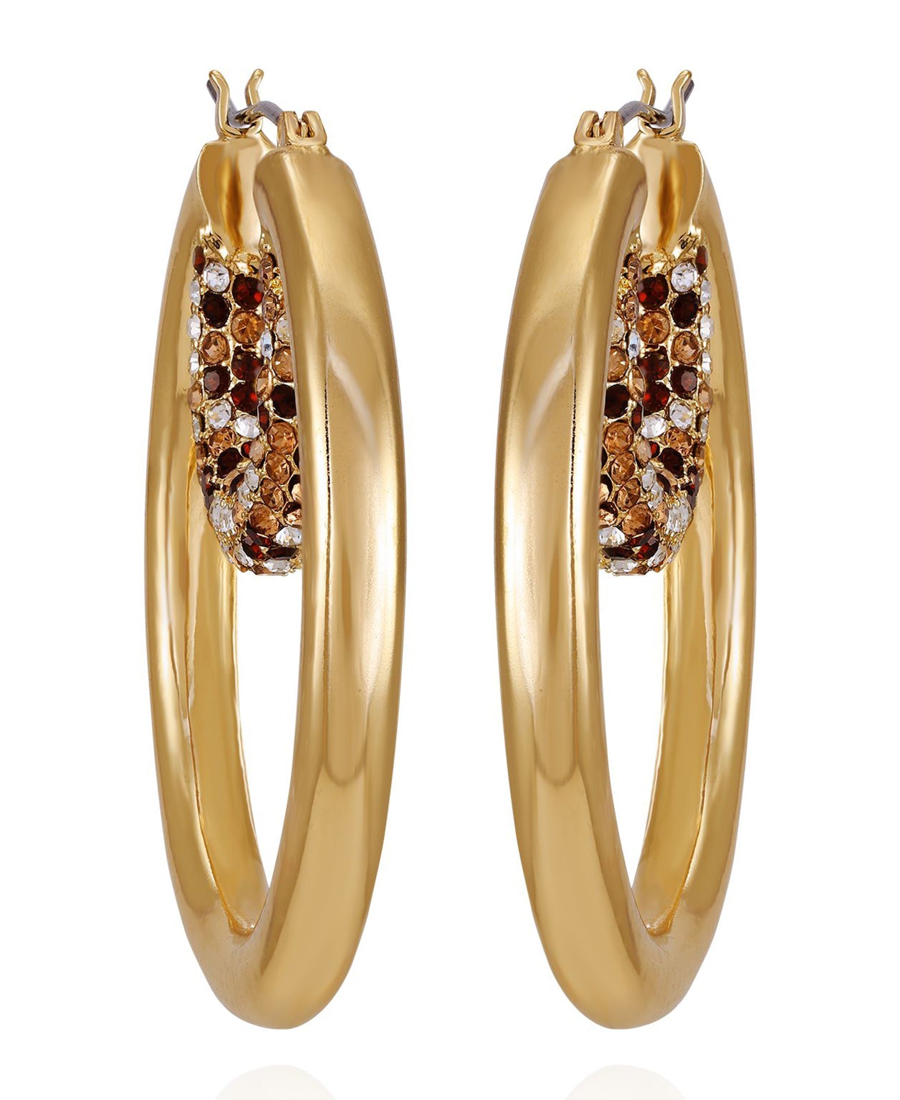Goldtone Pave Crystal Stone Layered Hoop Earrings