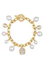 Goldtone Pearl Crystal Charm Bracelet