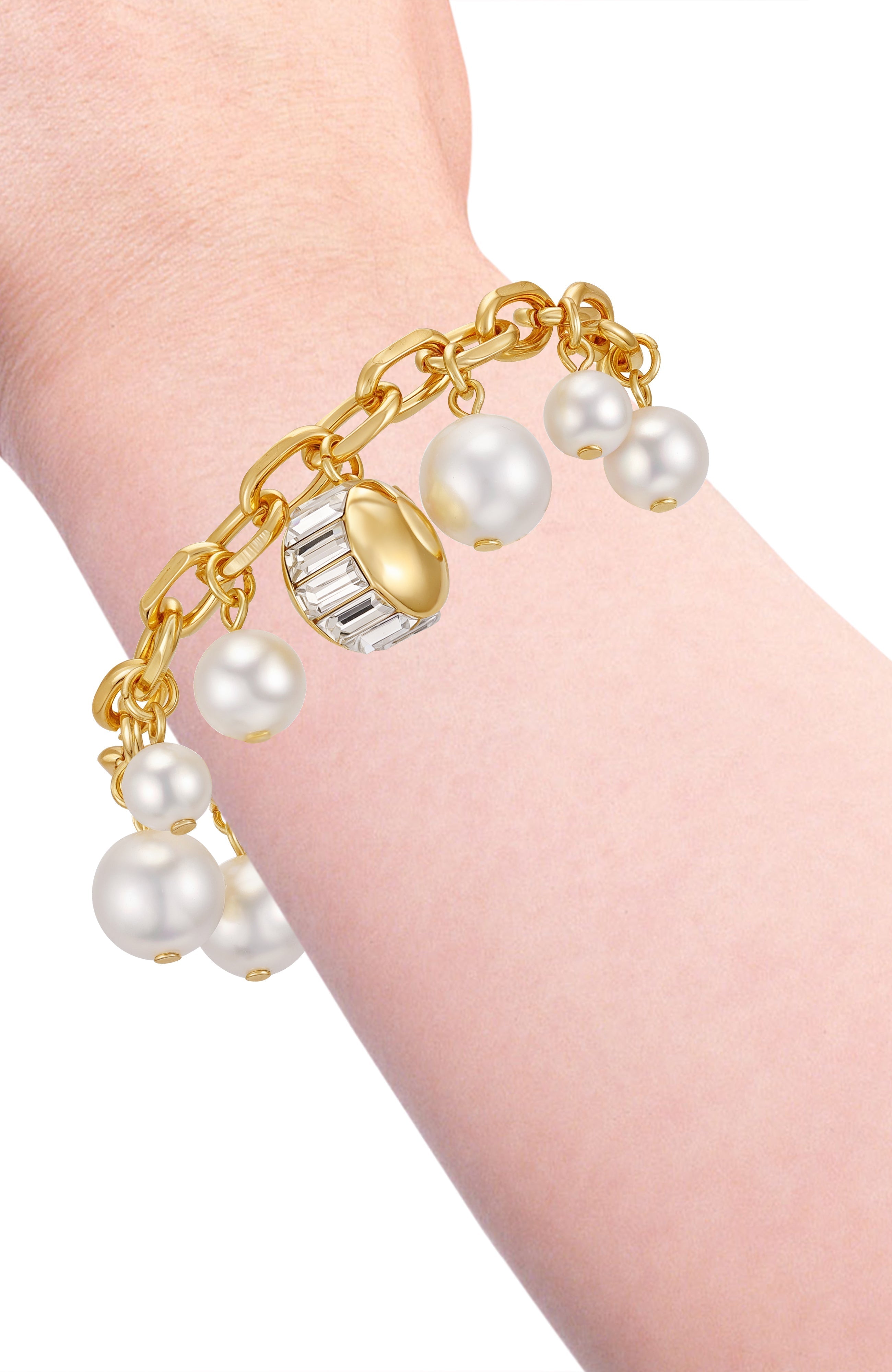 Goldtone Pearl Crystal Charm Bracelet