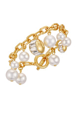 Goldtone Pearl Crystal Charm Bracelet