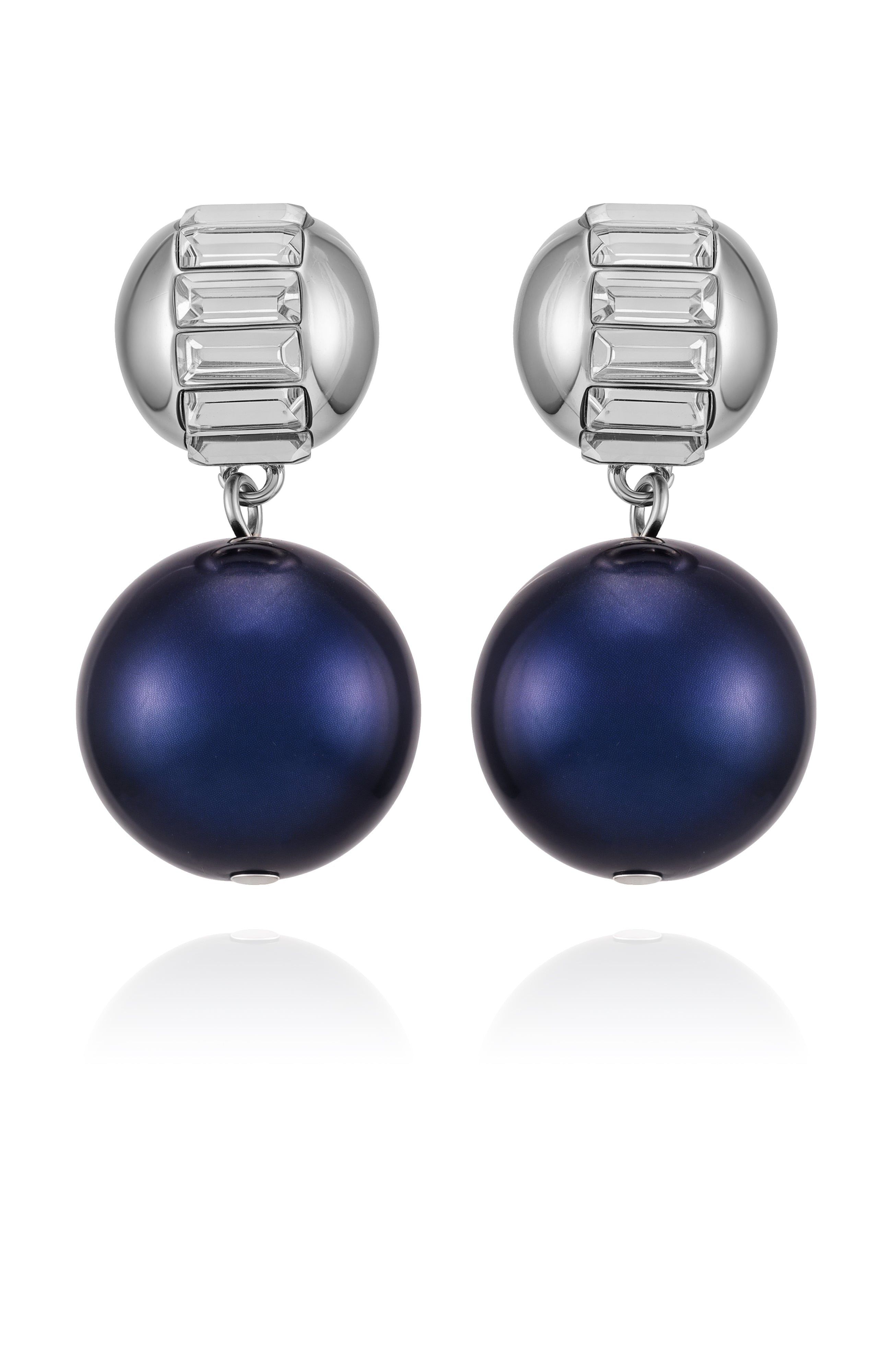 Silvertone Drop Earrings With Navy Pearl Crystal Accents