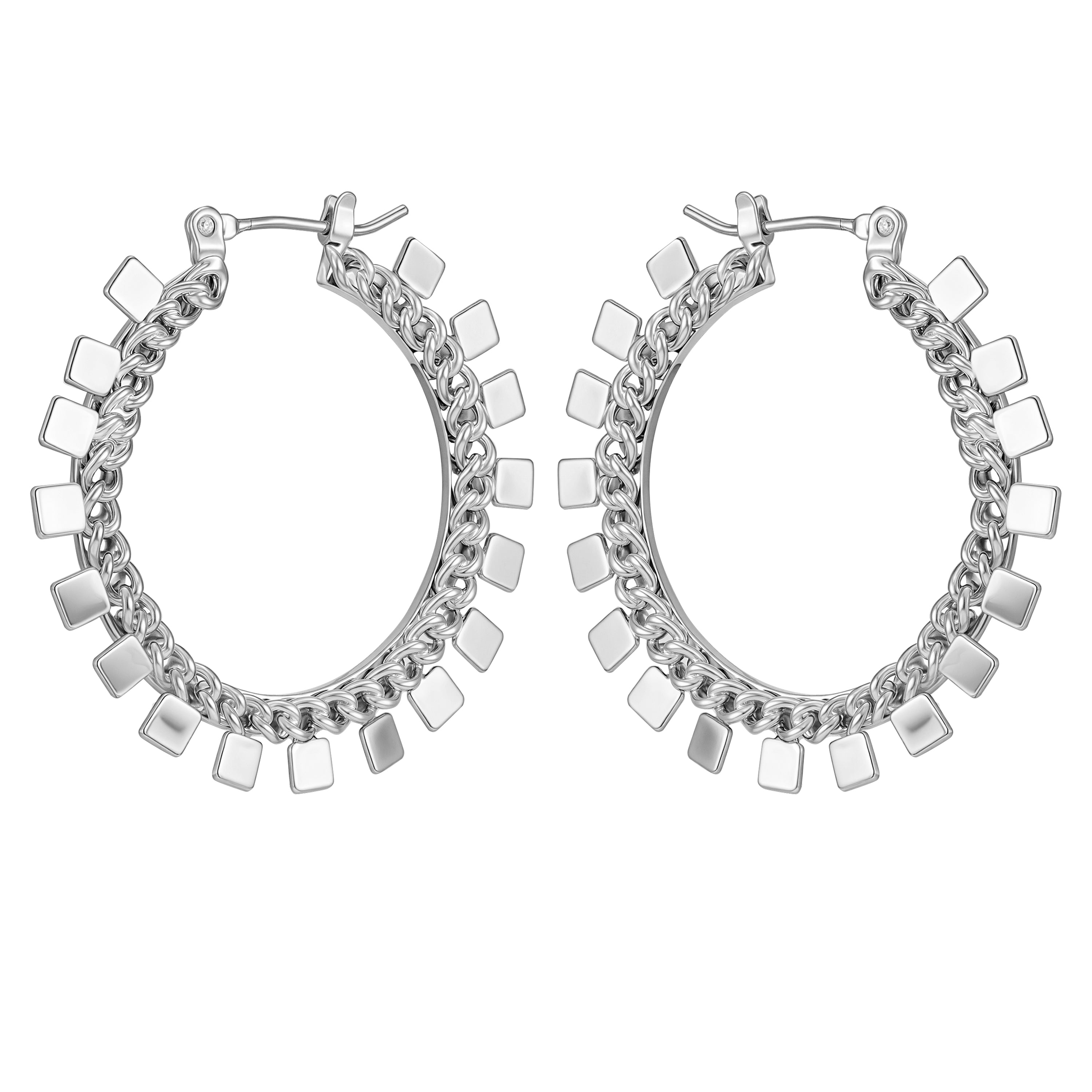 Silvertone Hoop Earrings With Geometric Accents
