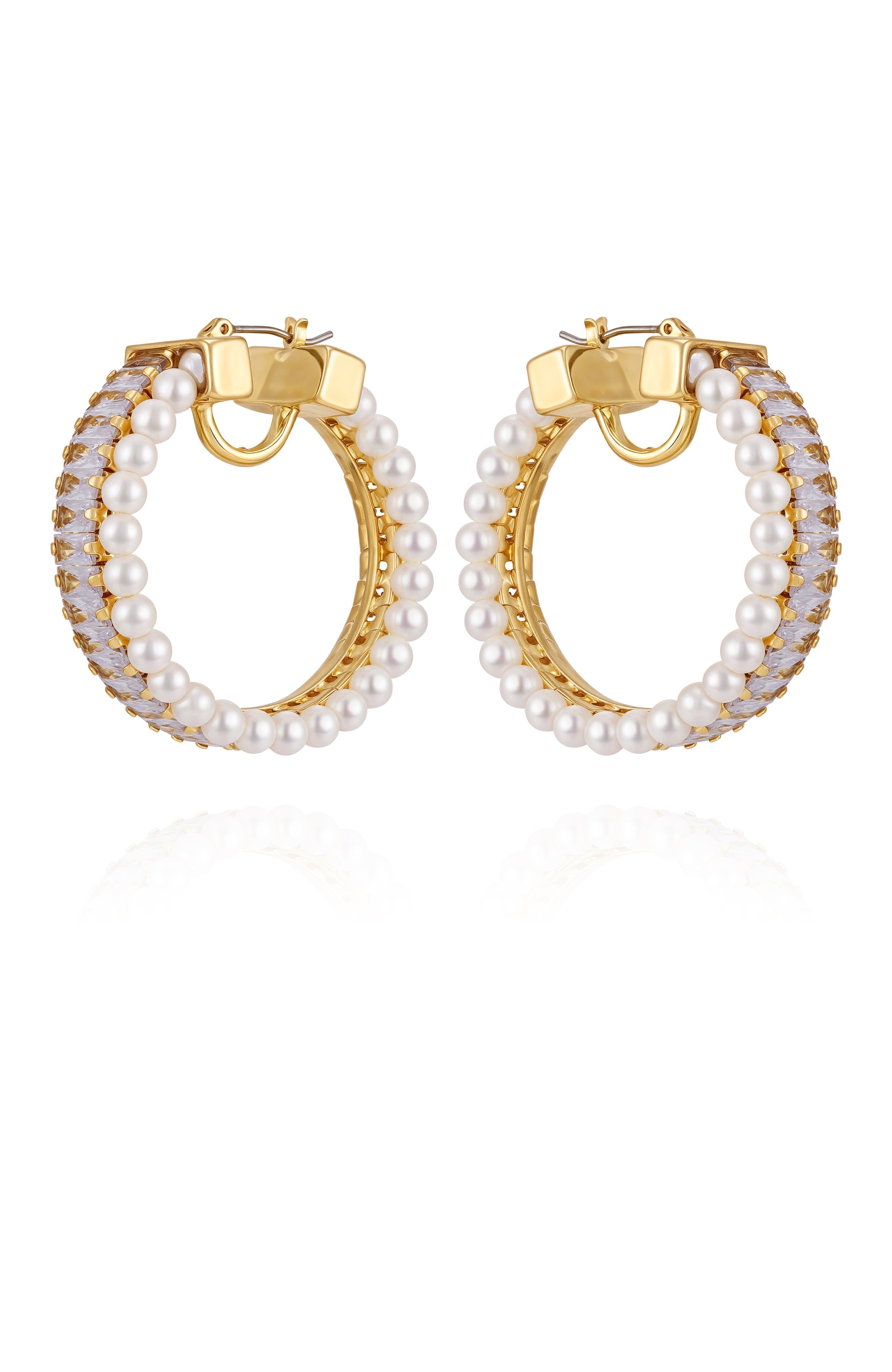 Goldtone Hoop Earrings With Pearls Baguette Crystals