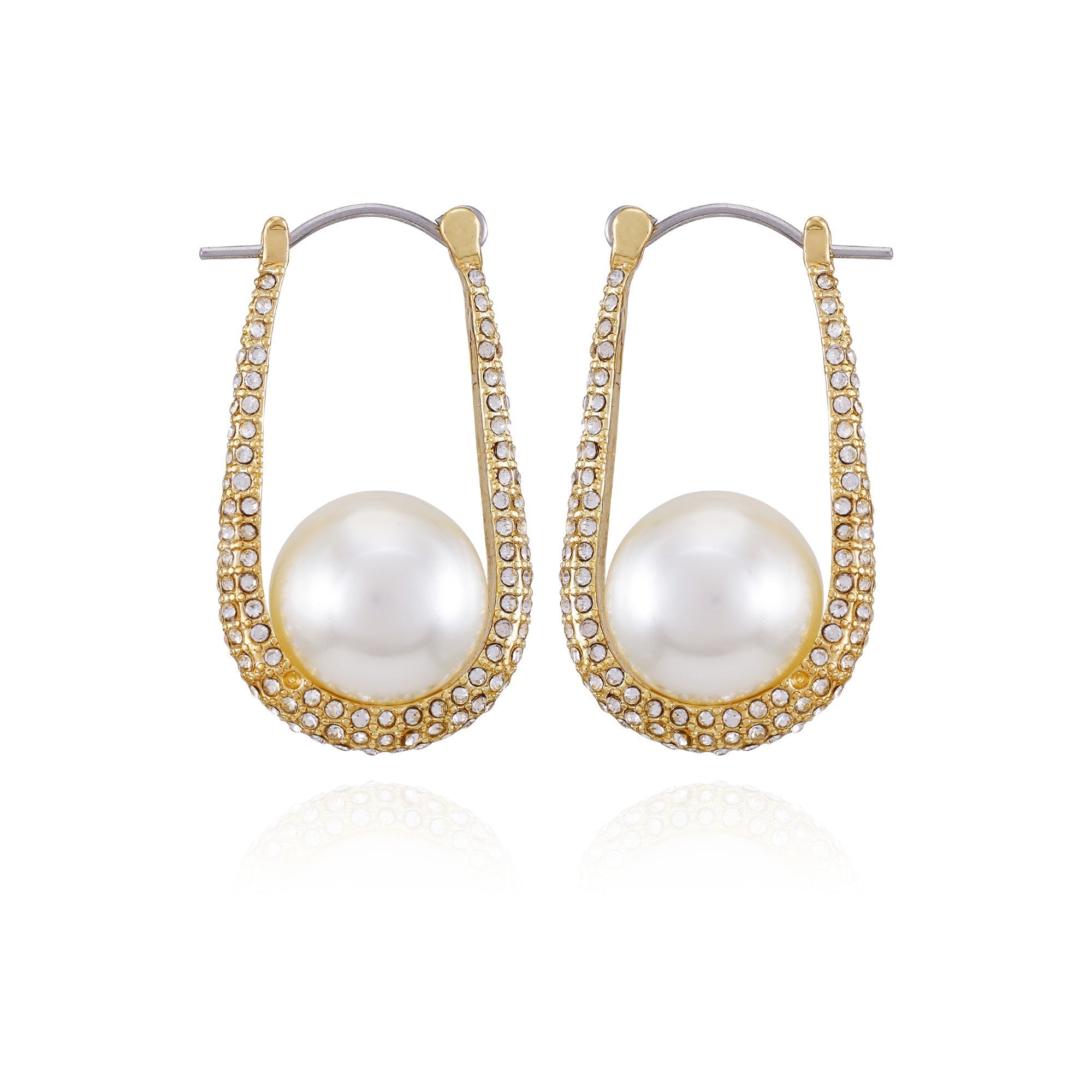 Goldtone Crystal Stone Pearl Hoop Earrings